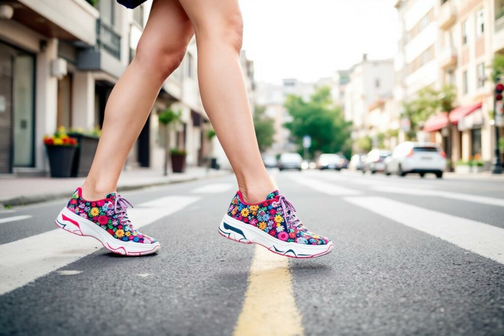 Jambes et chaussures colorées traversant une rue urbaine