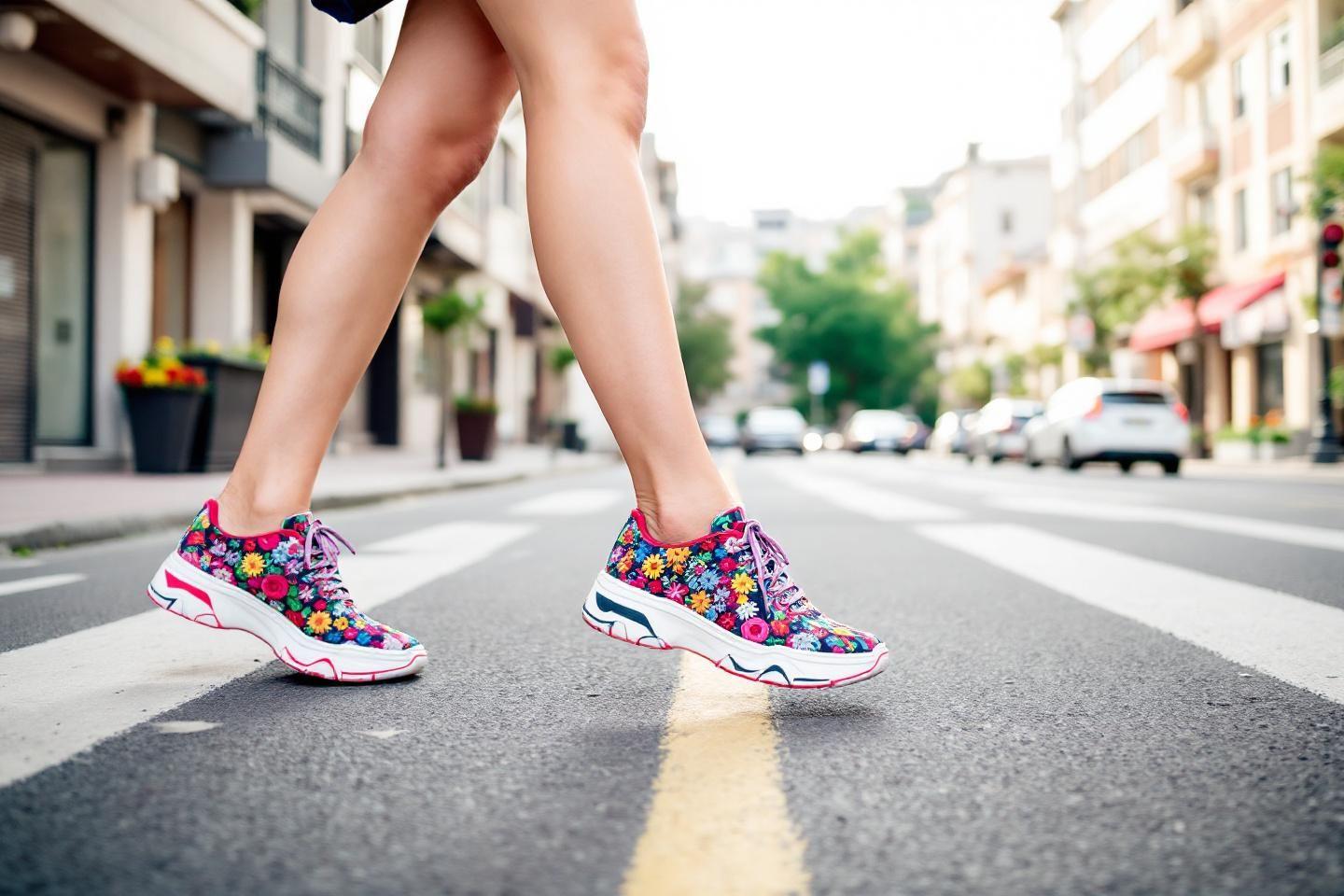 Jambes et chaussures colorées traversant une rue urbaine