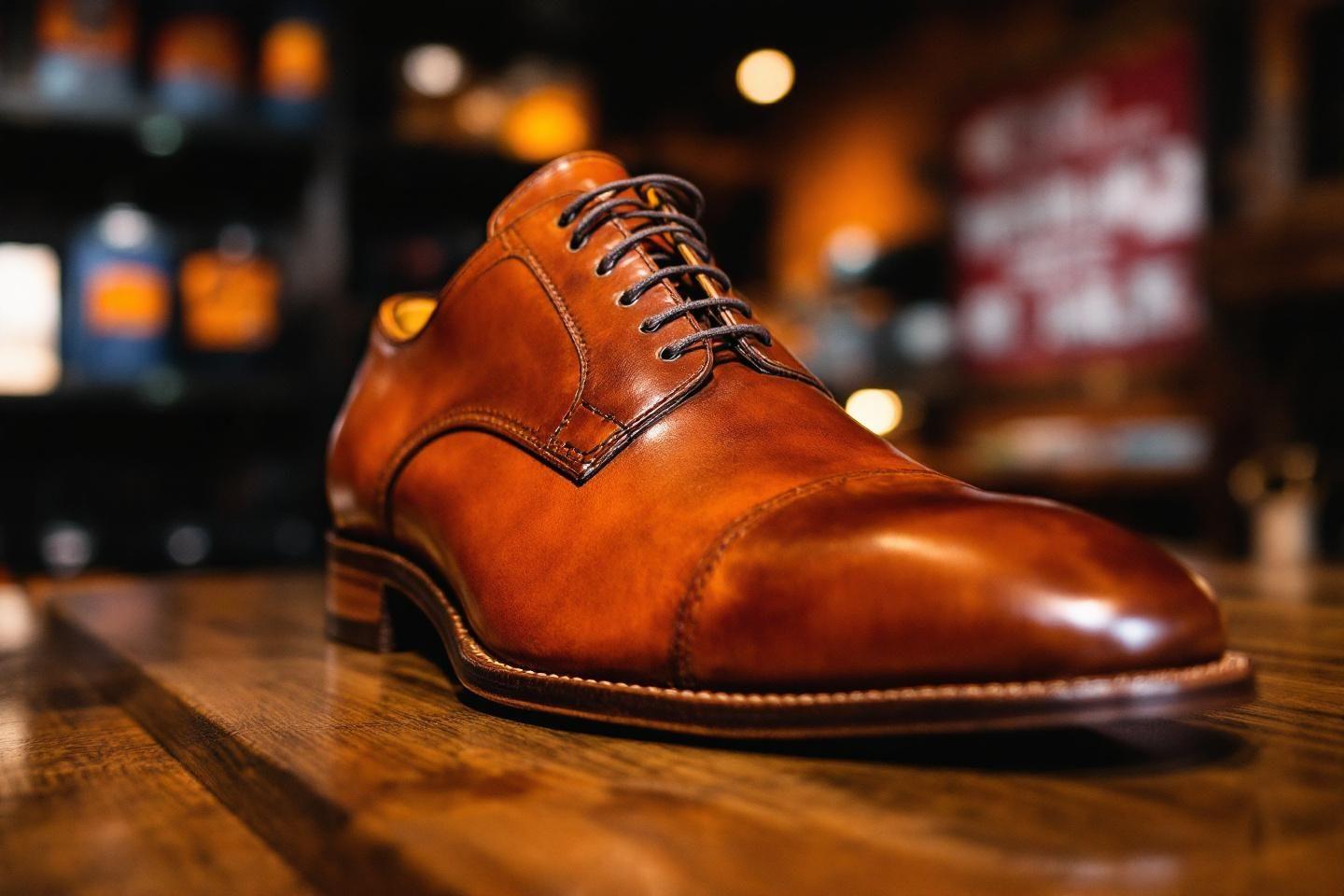 Mocassin en cuir marron brillant sur un fond en bois