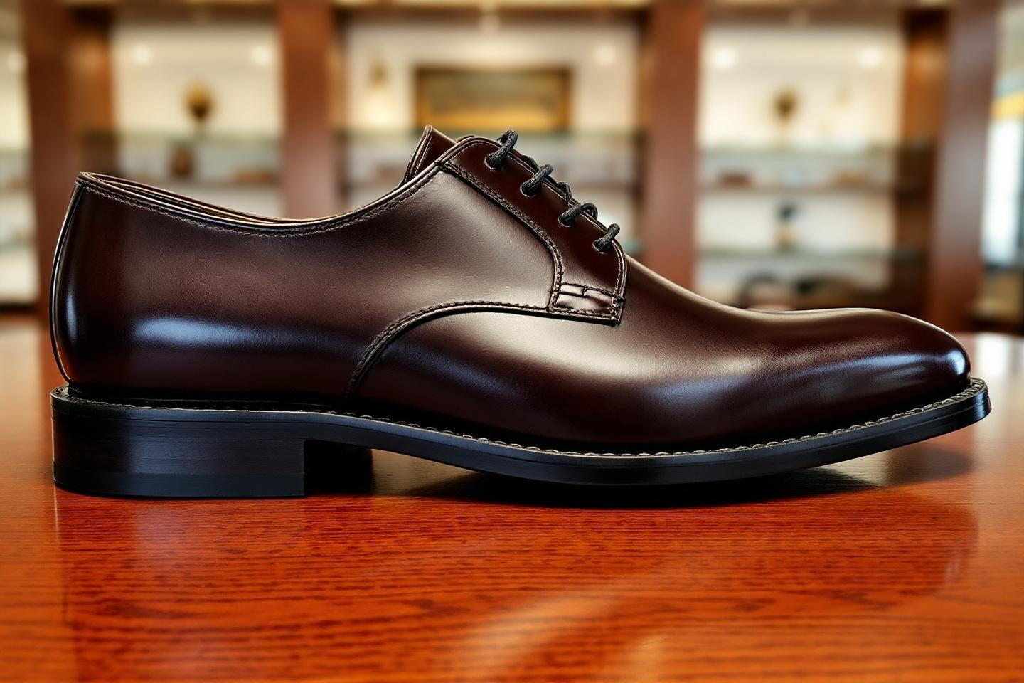 Chaussure de ville en cuir marron brillant sur bois