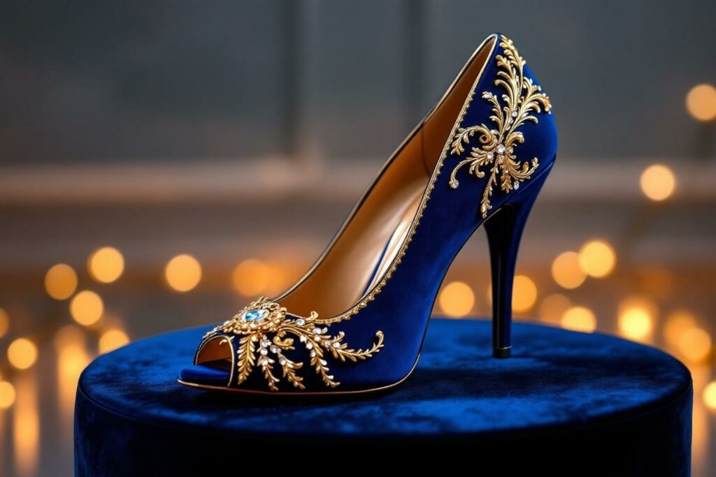 Chaussure à talons bleus royaux avec décorations dorées élaborées