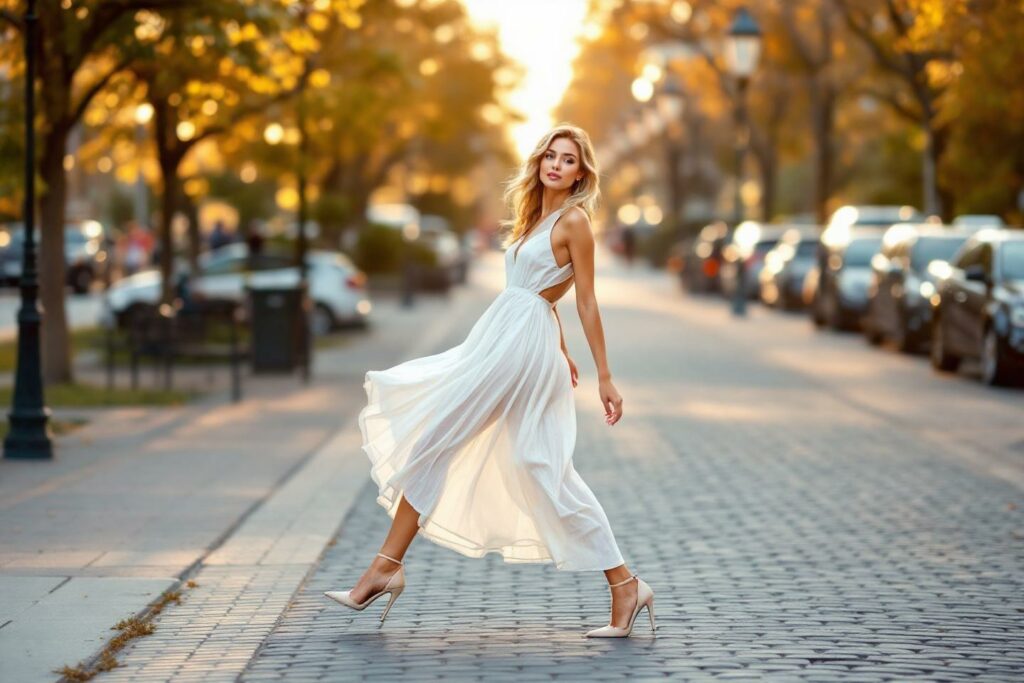 Femme en robe blanche sur rue pavée au soleil doré