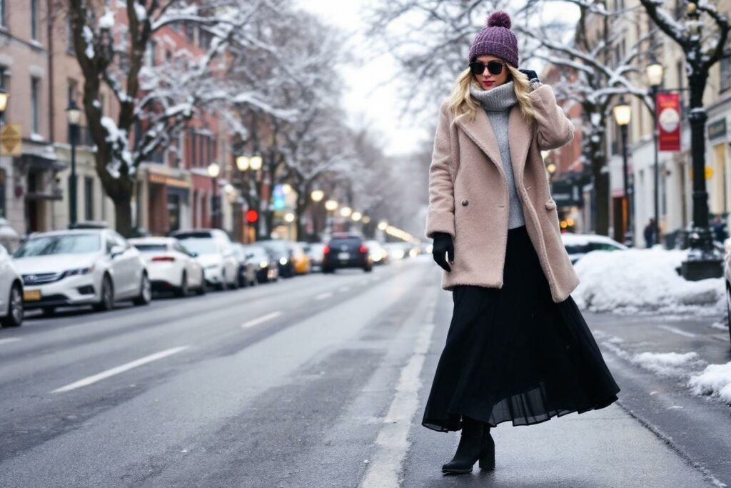 Femme en manteau beige, jupe noire, rue enneigée