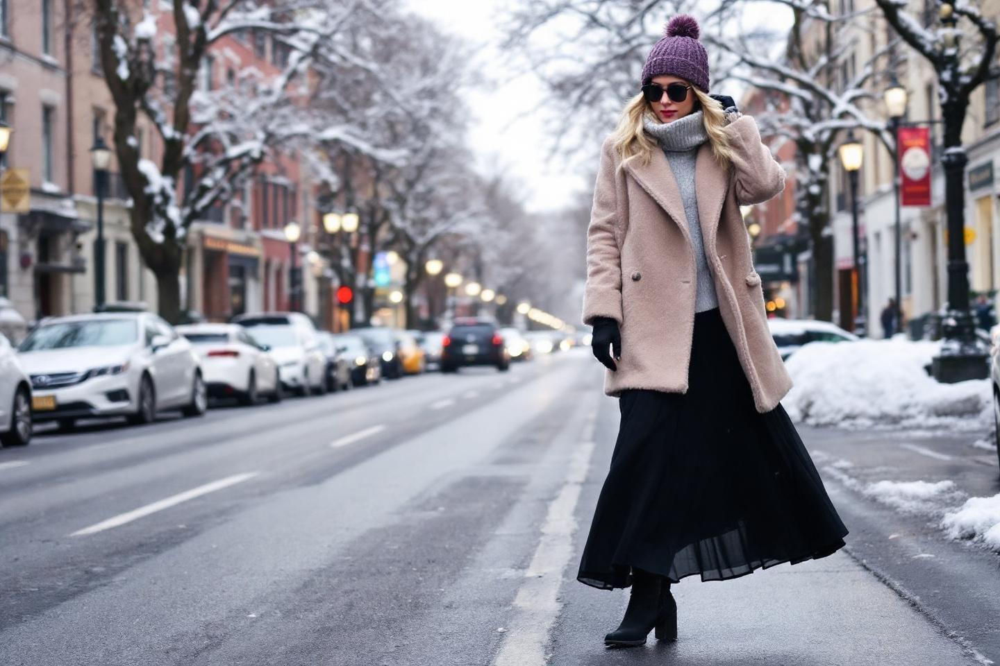 Femme en manteau beige, jupe noire, rue enneigée